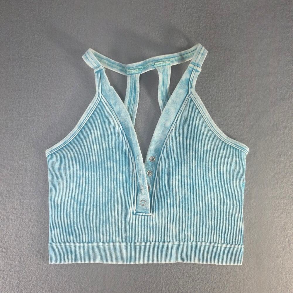Womens Mineral Wash Blue Seamless Ribbed Snap V-Neck Bralette Crop Sports Bra
